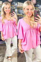 Load image into Gallery viewer, Ruffled Babydoll V Neck Bubblegum Pink Top