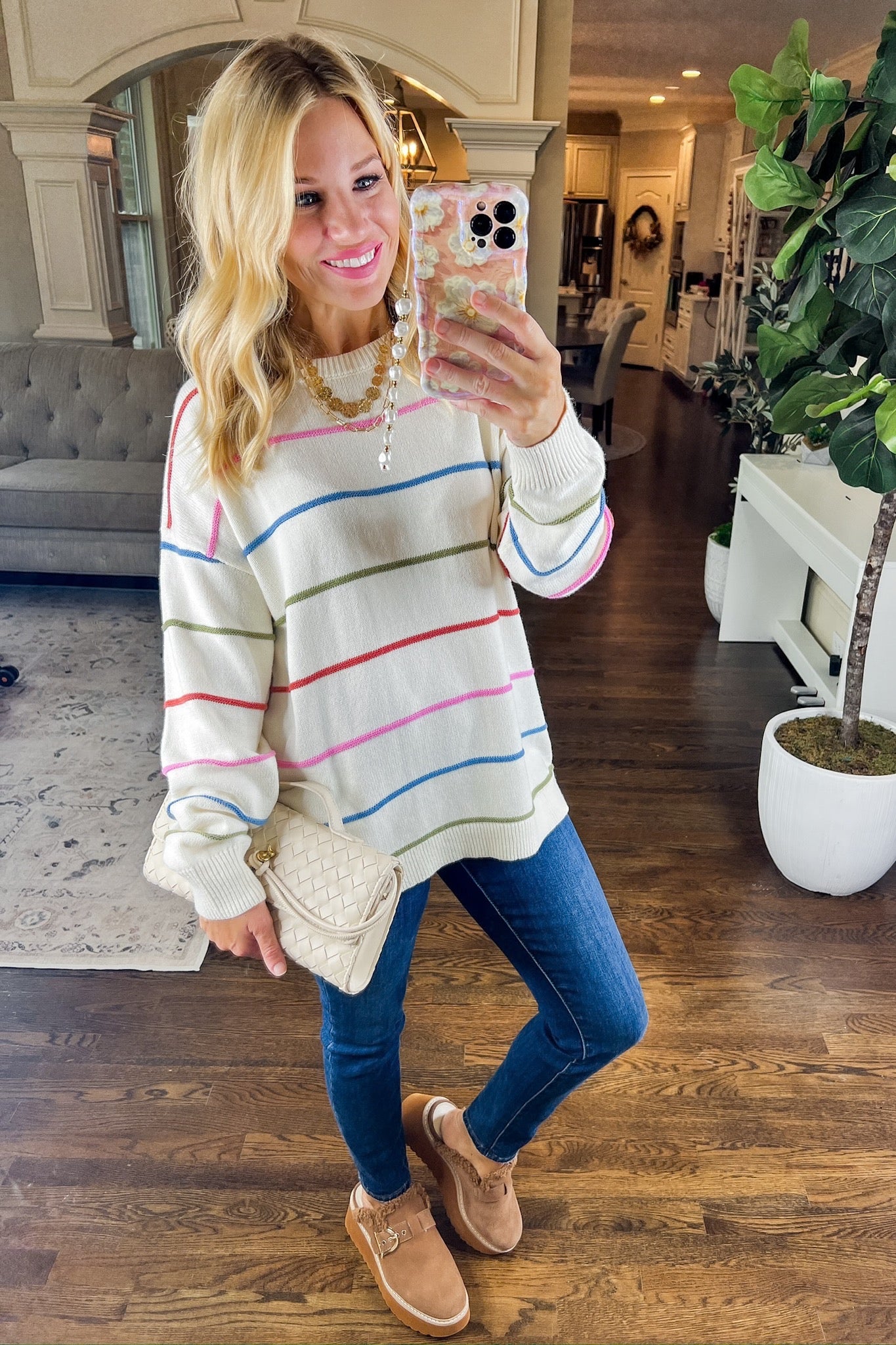 Multi Color Thin Striped Cream Sweater