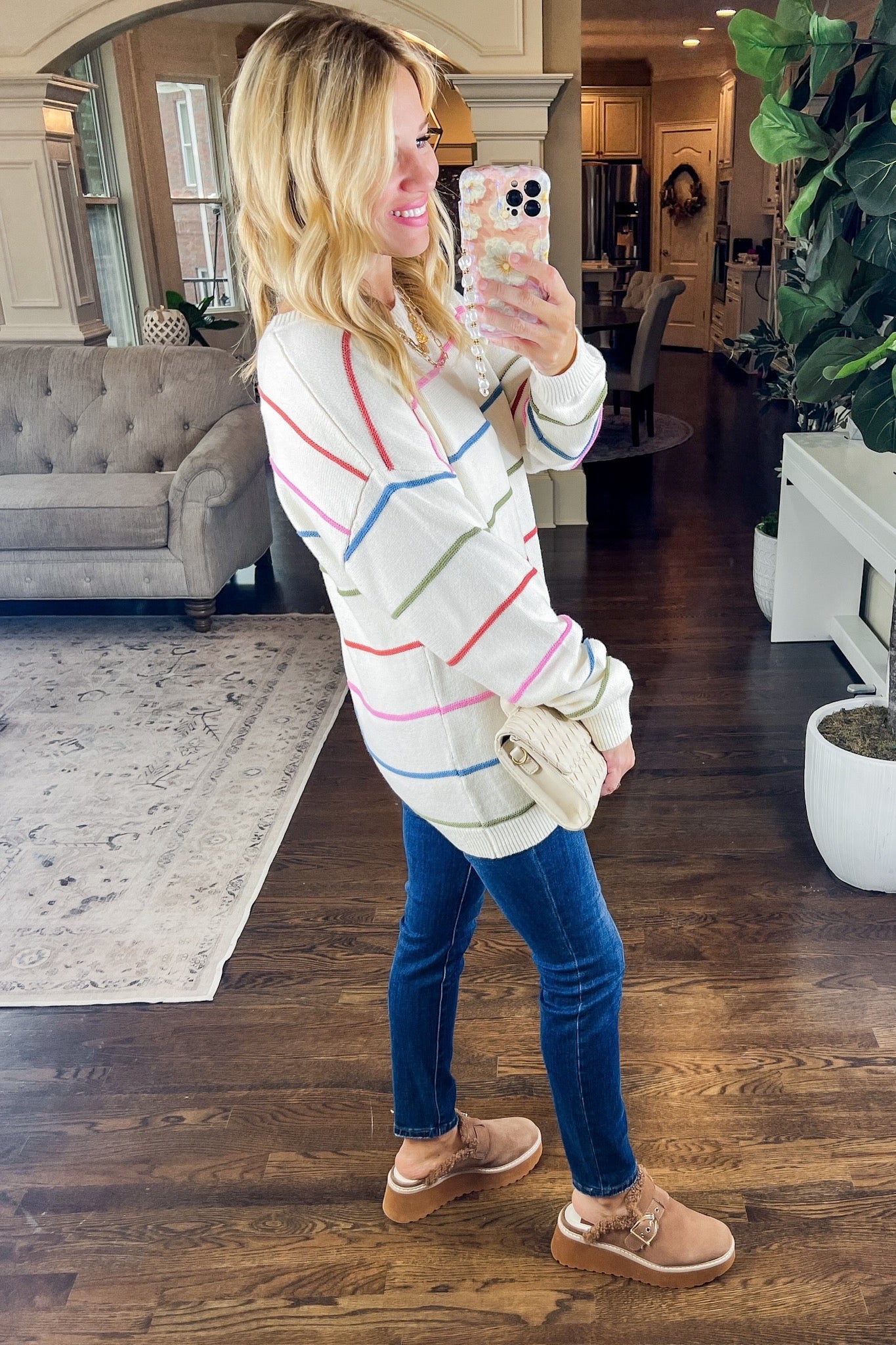 Multi Color Thin Striped Cream Sweater