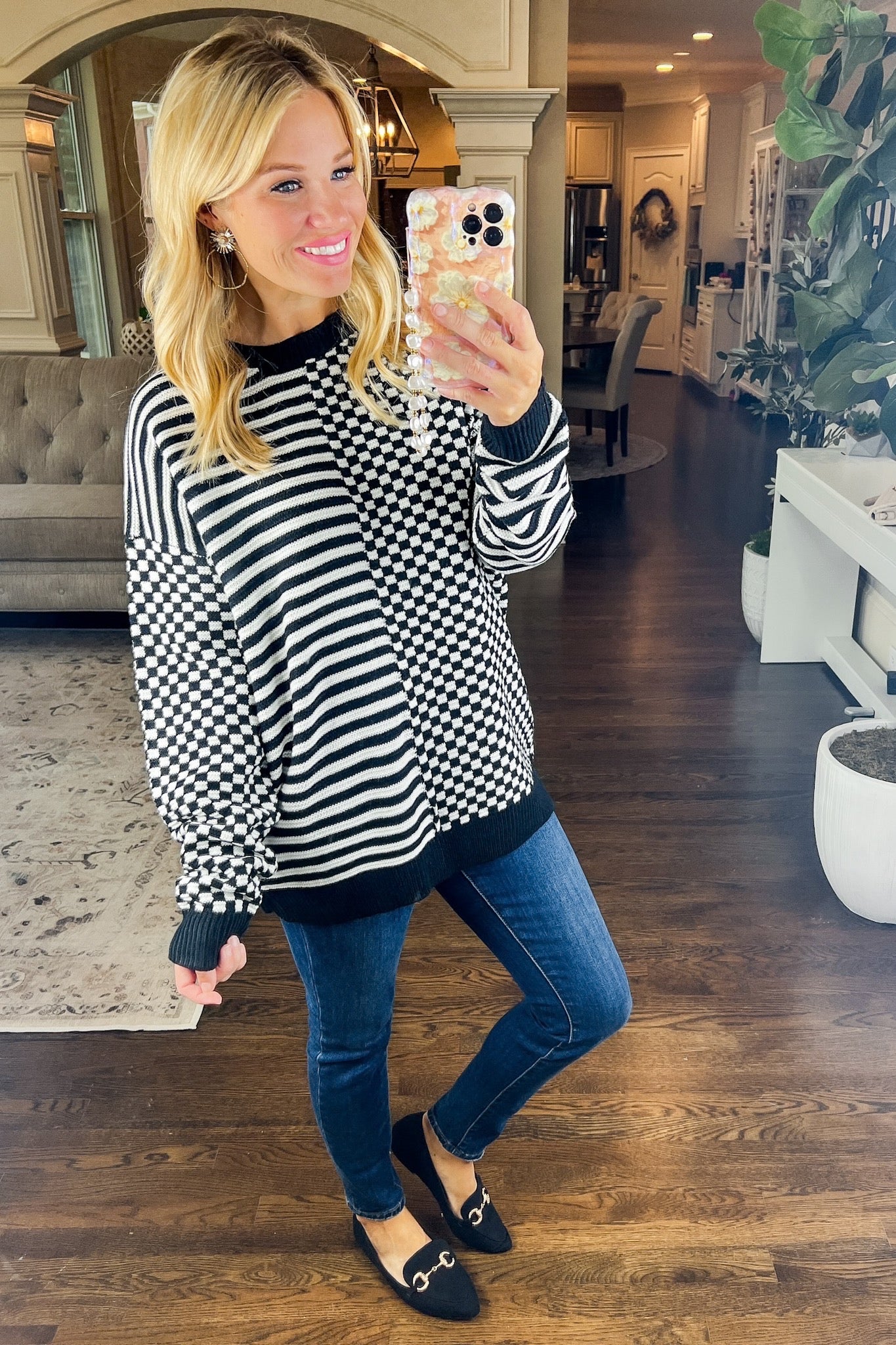 Oversized Black & White Checker & Stripe Mixed Sweater