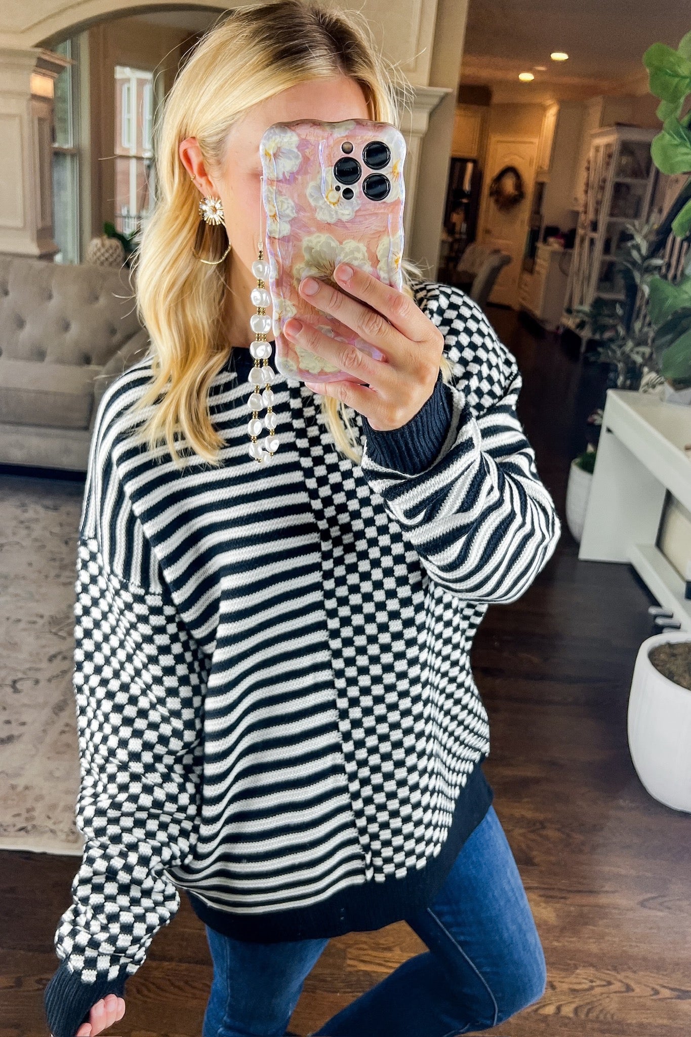 Oversized Black & White Checker & Stripe Mixed Sweater