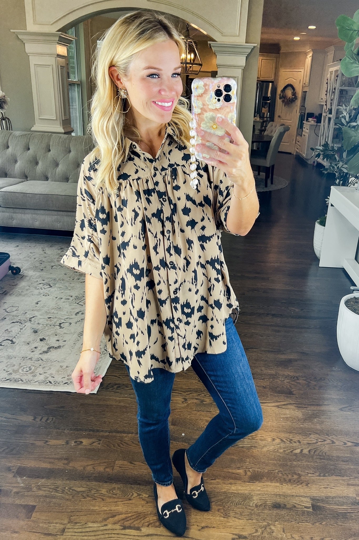 Black Floral Collared Button Down Taupe Poncho Top