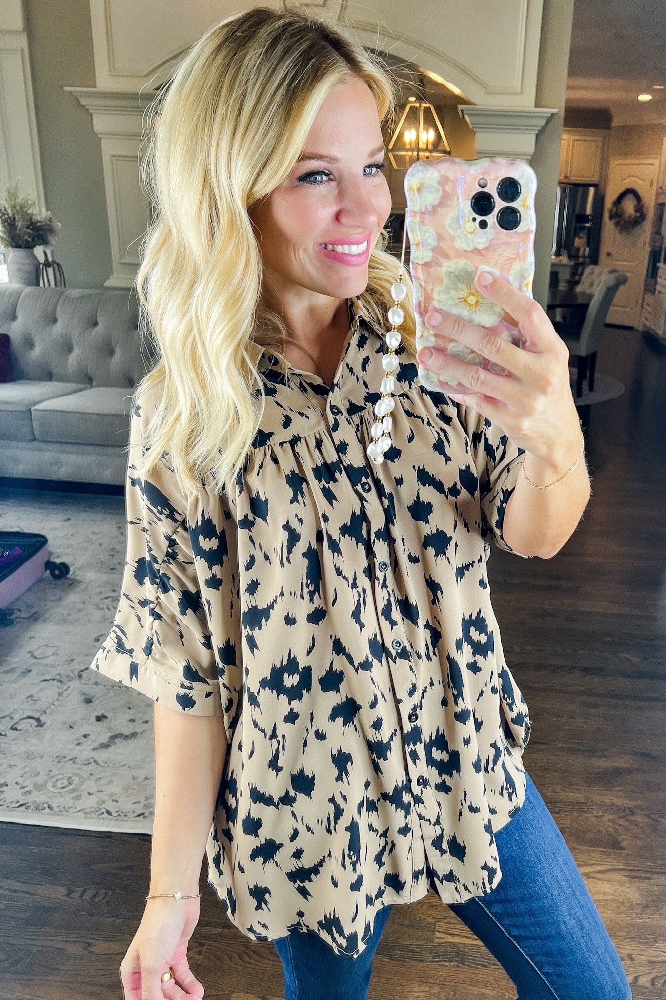 Black Floral Collared Button Down Taupe Poncho Top