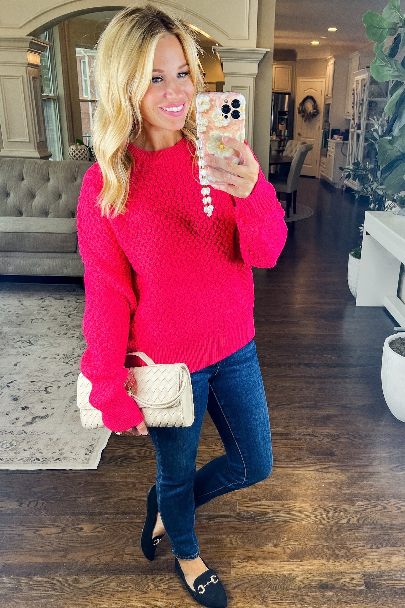 Cozy Textured Wavy Crochet Knit Sweater in Raspberry