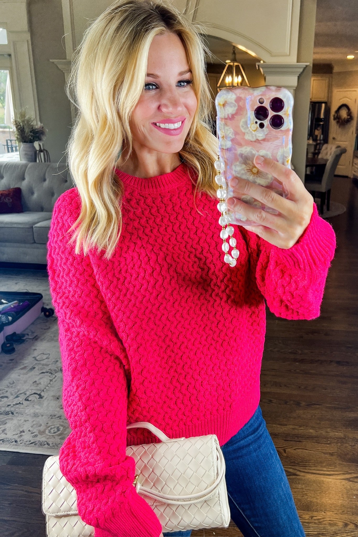 Cozy Textured Wavy Crochet Knit Sweater in Raspberry