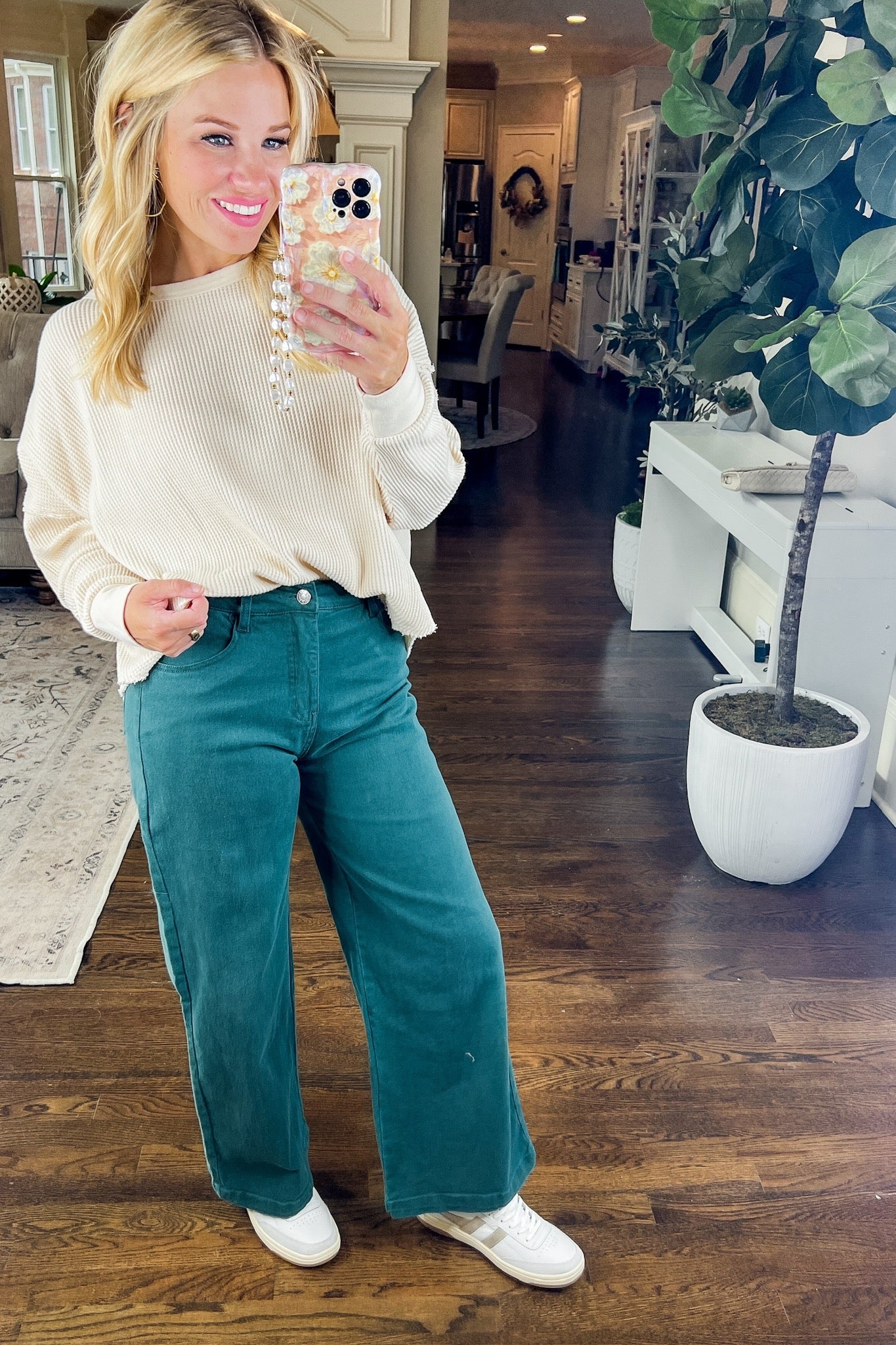 Mineral Wash Cropped Wide Leg Jeans in Hunter Green