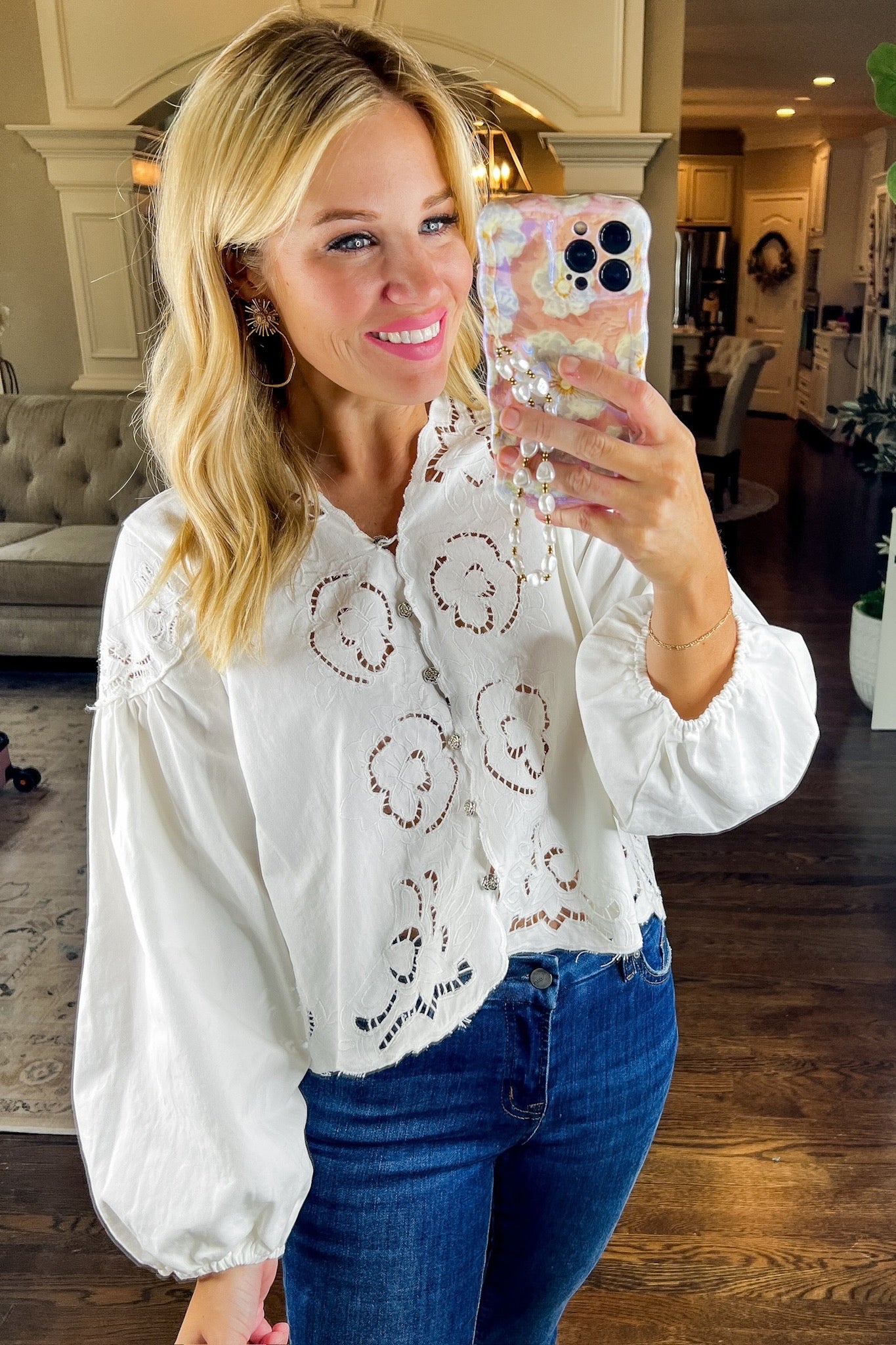 Ivory Floral Eyelet Flower Loop Button Denim Top