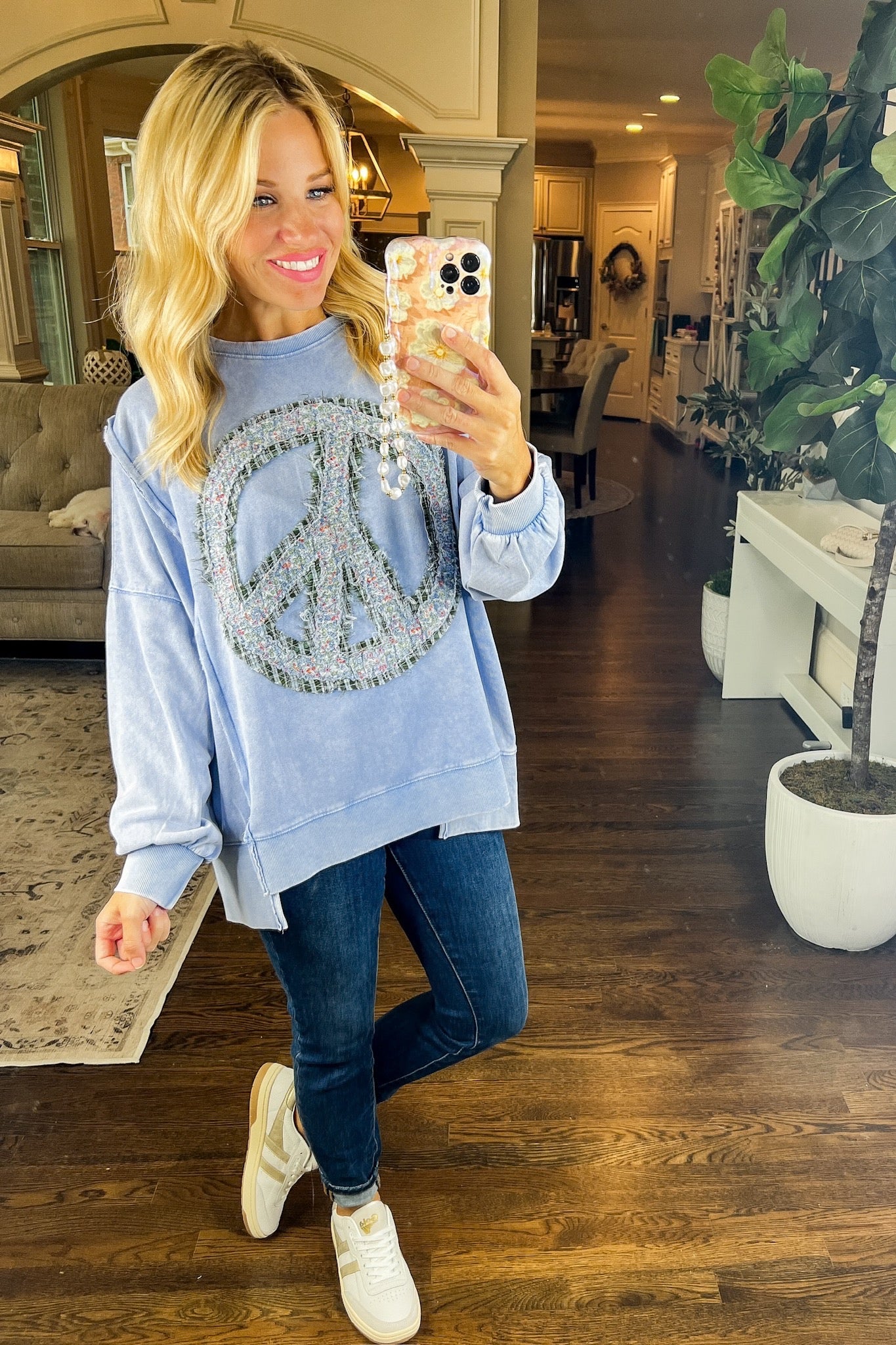 Floral & Plaid Peace Sign Oversized Acid Wash Top