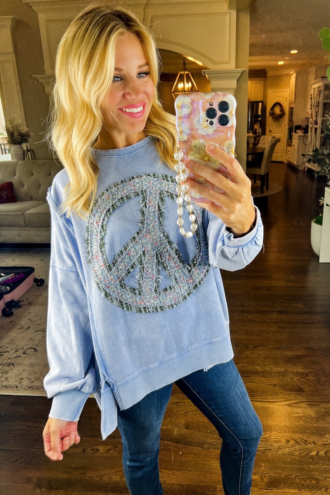 Floral & Plaid Peace Sign Oversized Acid Wash Top