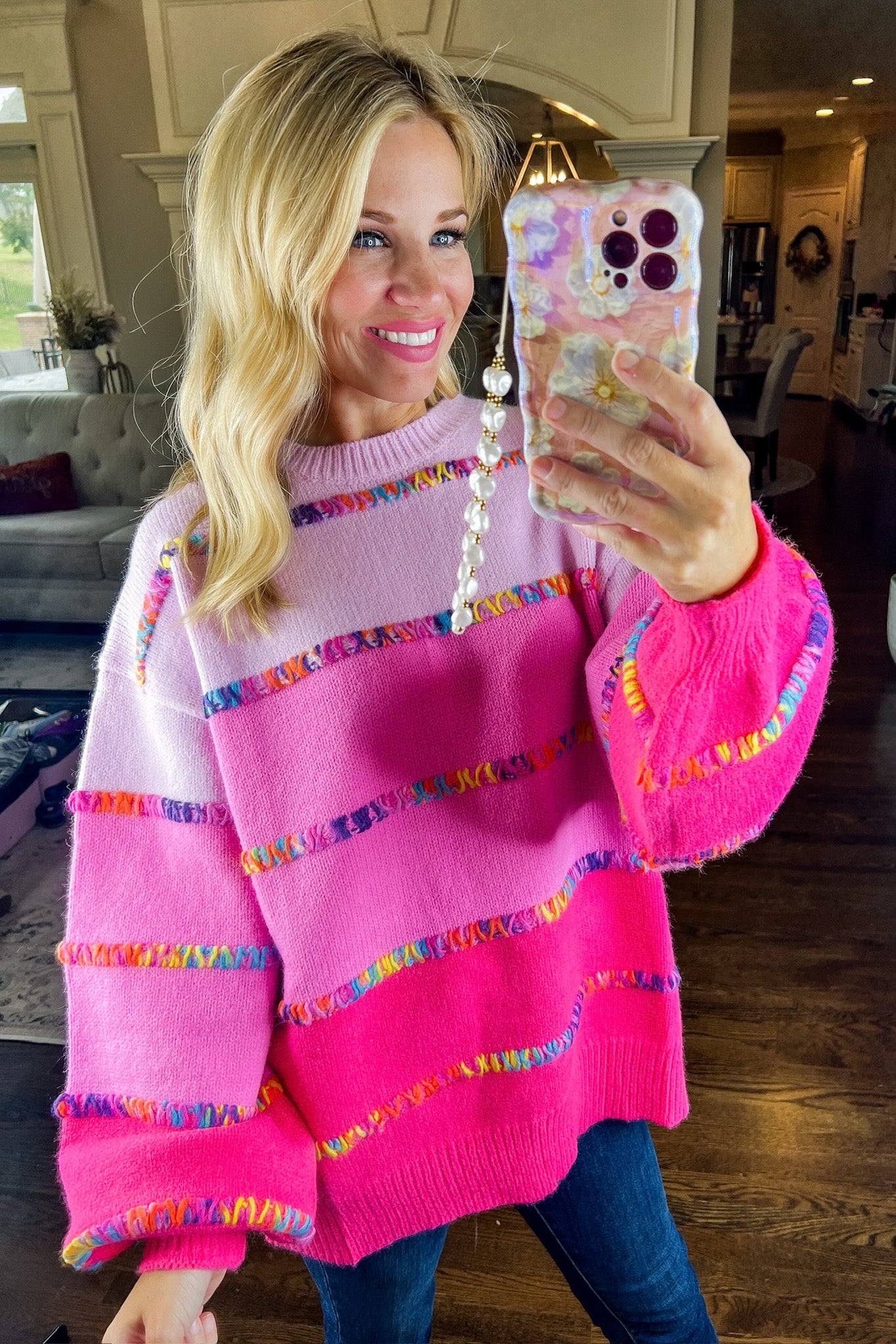 Multi Color Yarn Crochet Striped Pink Color Block Sweater