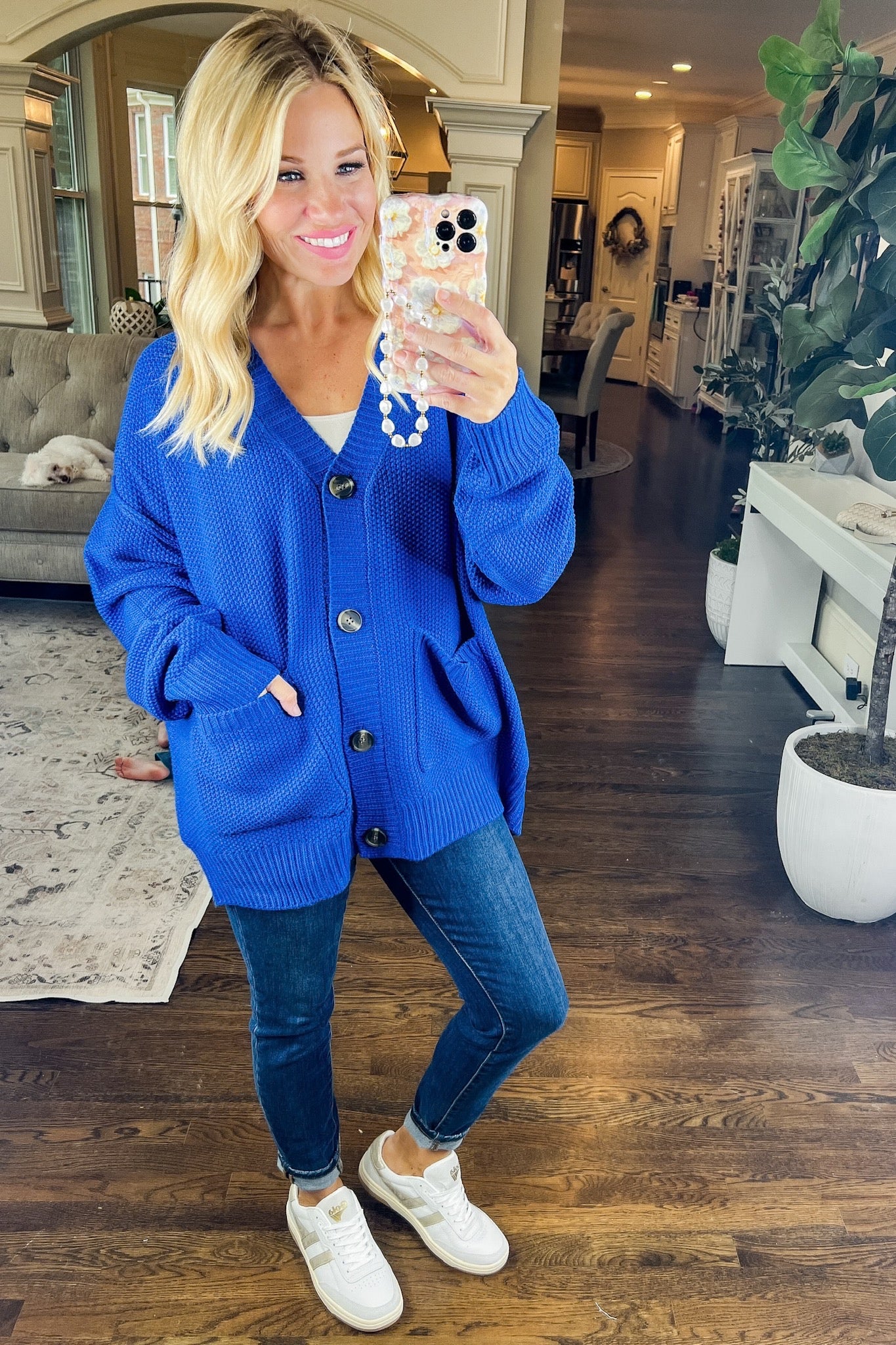 Oversized Button Down Pocketed Knit Sweater Cardigan in Cobalt