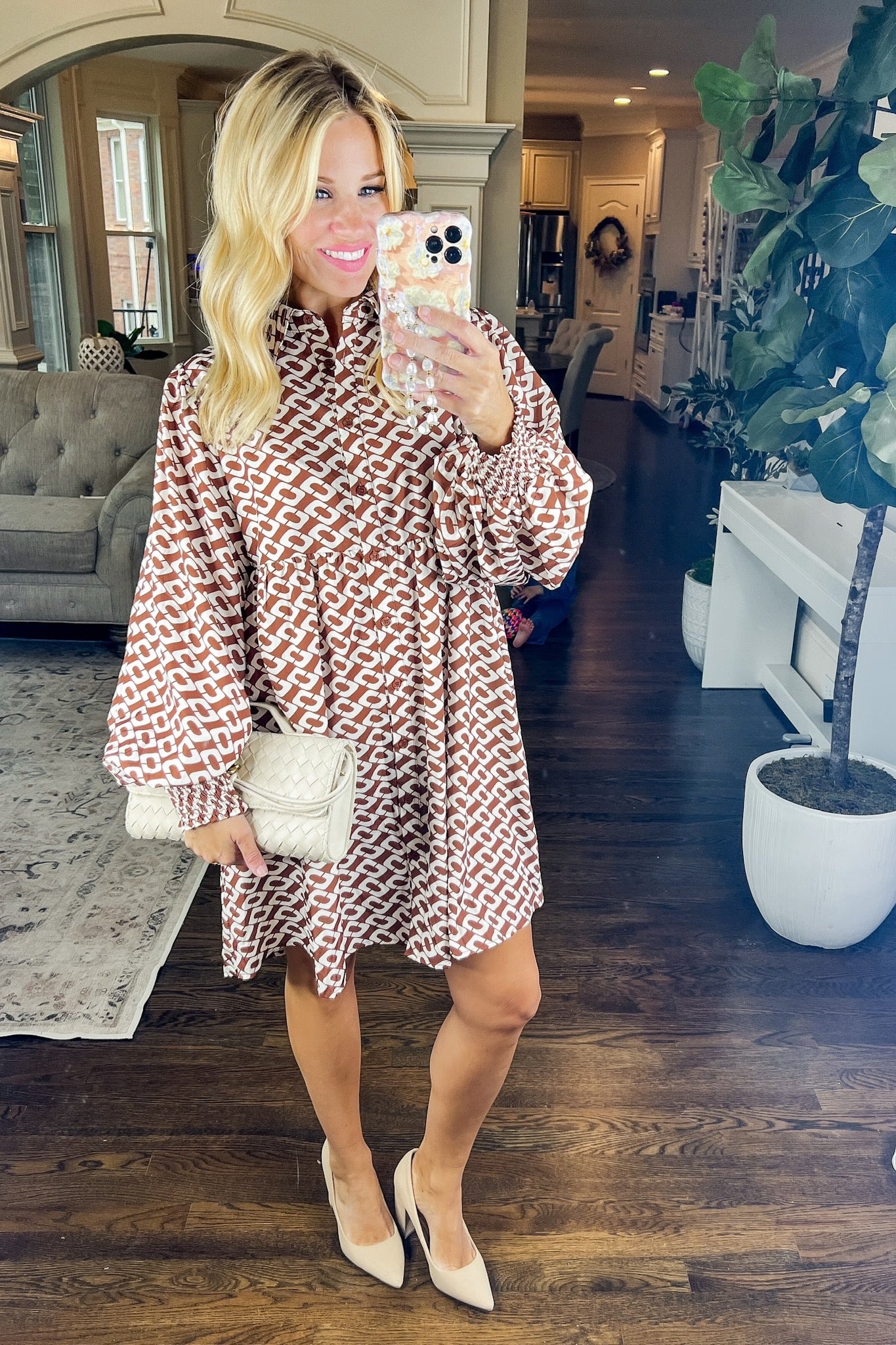 Toffee Printed Smocked Sleeve Button Down Dress