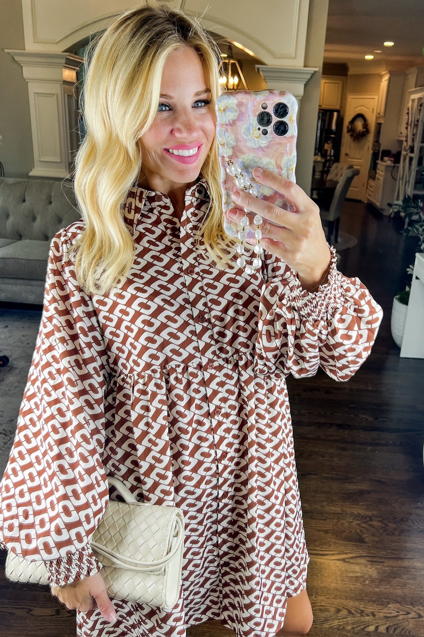 Toffee Printed Smocked Sleeve Button Down Dress