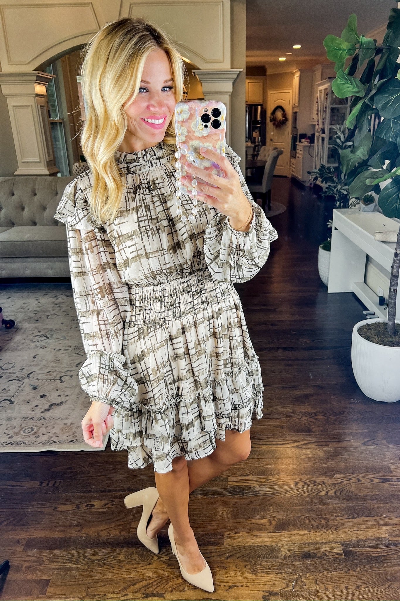 Abstract Plaid Smocked Elastic Waist Long Sleeve Dress