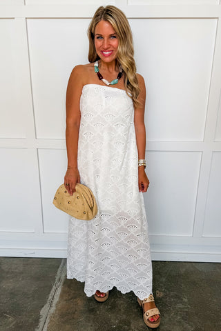 The Belle Eyelet Strapless Dress in Off White