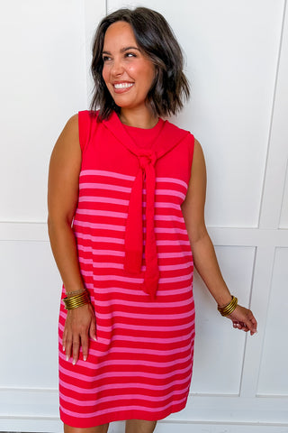 Fairway Stripe Sweater Dress in Red