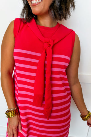 Fairway Stripe Sweater Dress in Red