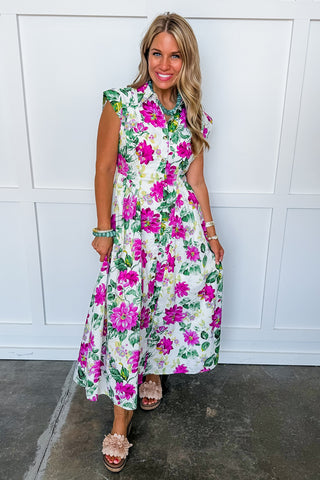 The Amy Button Down Midi Dress in Cream Floral Keepsake