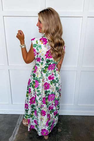 The Amy Button Down Midi Dress in Cream Floral Keepsake