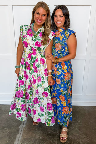 The Amy Button Down Midi Dress in Cream Floral Keepsake