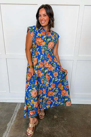 The Amy Button Down Midi Dress in Blue Floral Keepsake