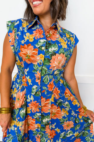 The Amy Button Down Midi Dress in Blue Floral Keepsake