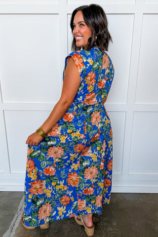 The Amy Button Down Midi Dress in Blue Floral Keepsake