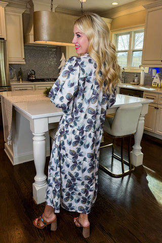 Hot Pink Deal - Collared Notch Neck Blue Floral Tiered Ivory Midi Dress