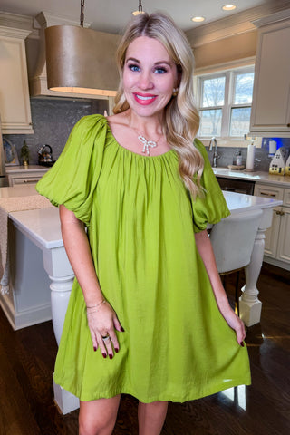 Hot Pink Deal - Lime Light Moment Puff Sleeve Dress