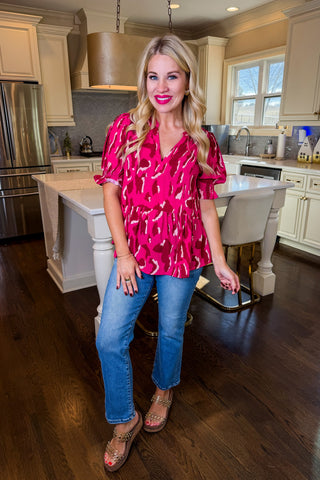 Hot Pink Deal - Pink Leopard V Neck Poet Sleeve Peplum Top