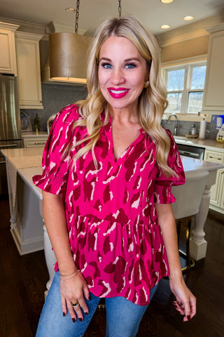 Hot Pink Deal - Pink Leopard V Neck Poet Sleeve Peplum Top
