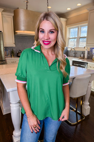 Hot Pink Deal - Puff Sleeve Polo Top in Green