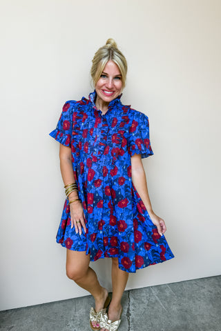 Midnight Bloom Pleated Ruffle Dress