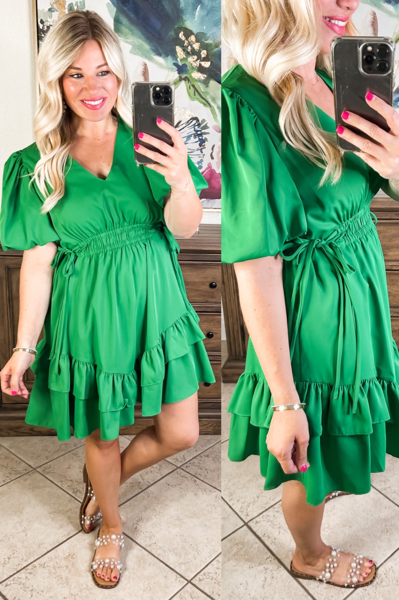 Bubble Sleeve Gathered Waist Detail Dress in Green