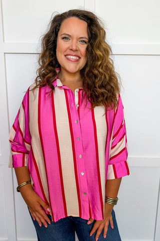 Pink On Repeat Stripe Button Top