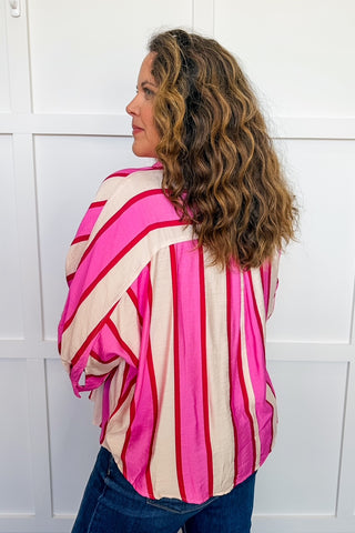 Pink On Repeat Stripe Button Top