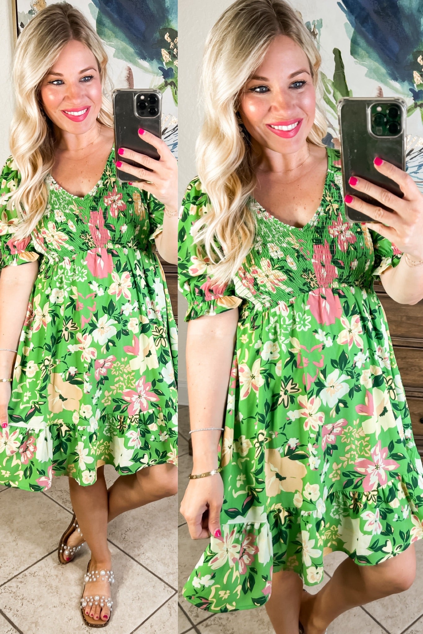 Smocked Green Floral Puff Sleeve Dress