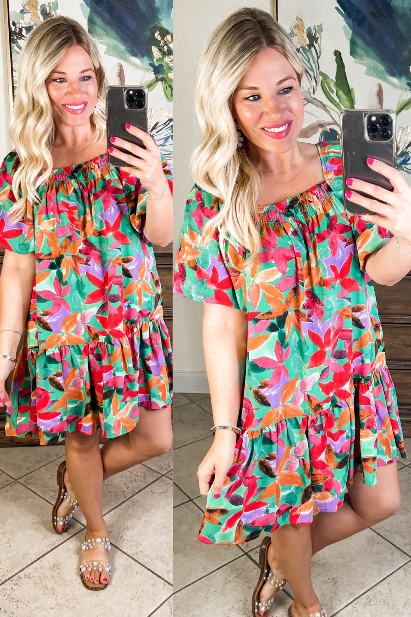 Pocketed Tropical Square Neck Dress in Green