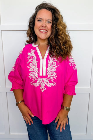 **PLUS ONLY** The Laurel Hot Pink Embroidered Top