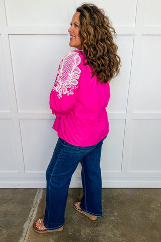 **PLUS ONLY** The Laurel Hot Pink Embroidered Top