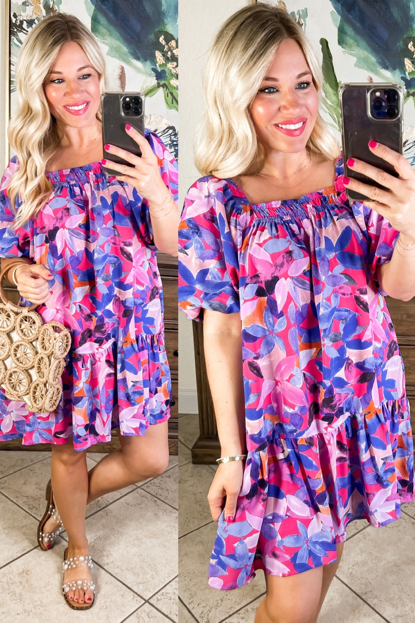 Pocketed Tropical Square Neck Dress in Magenta
