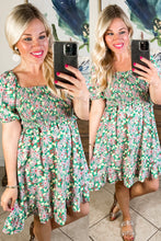 Load image into Gallery viewer, Summer Green Floral Smocked Square Neckline Dress