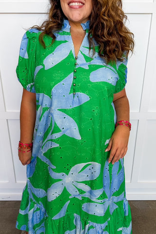 **PLUS ONLY**Southern Eyelet Details Green & Blue Midi Dress