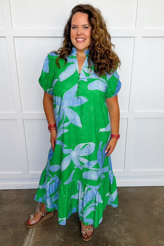 PLUS ONLY**Southern Eyelet Details Green & Blue Midi Dress Jules & James Boutique PLUS ONLY**Southern Eyelet Details Green & Blue Midi Dress Jules & James Boutique