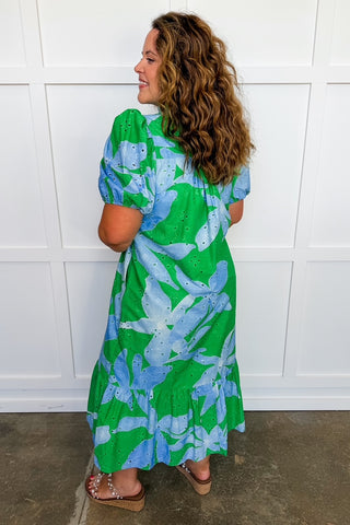 **PLUS ONLY**Southern Eyelet Details Green & Blue Midi Dress