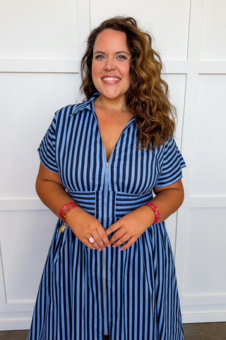 Best Selling Krissy Zip-up Maxi Stripe Dress in Navy