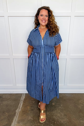 Best Selling Krissy Zip-up Maxi Stripe Dress in Navy