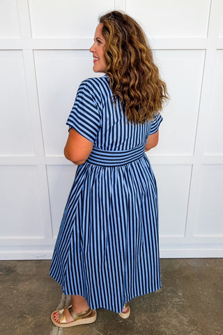 Best Selling Krissy Zip-up Maxi Stripe Dress in Navy