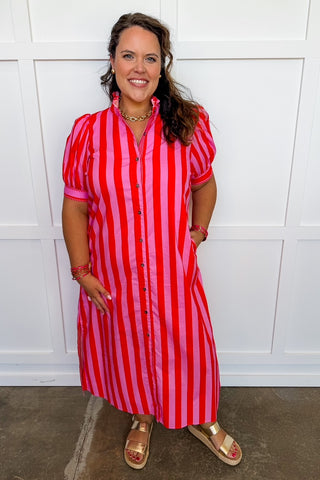 Stripe Me Pretty Midi Dress in Pink & Red