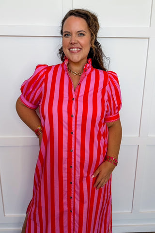 Stripe Me Pretty Midi Dress in Pink & Red